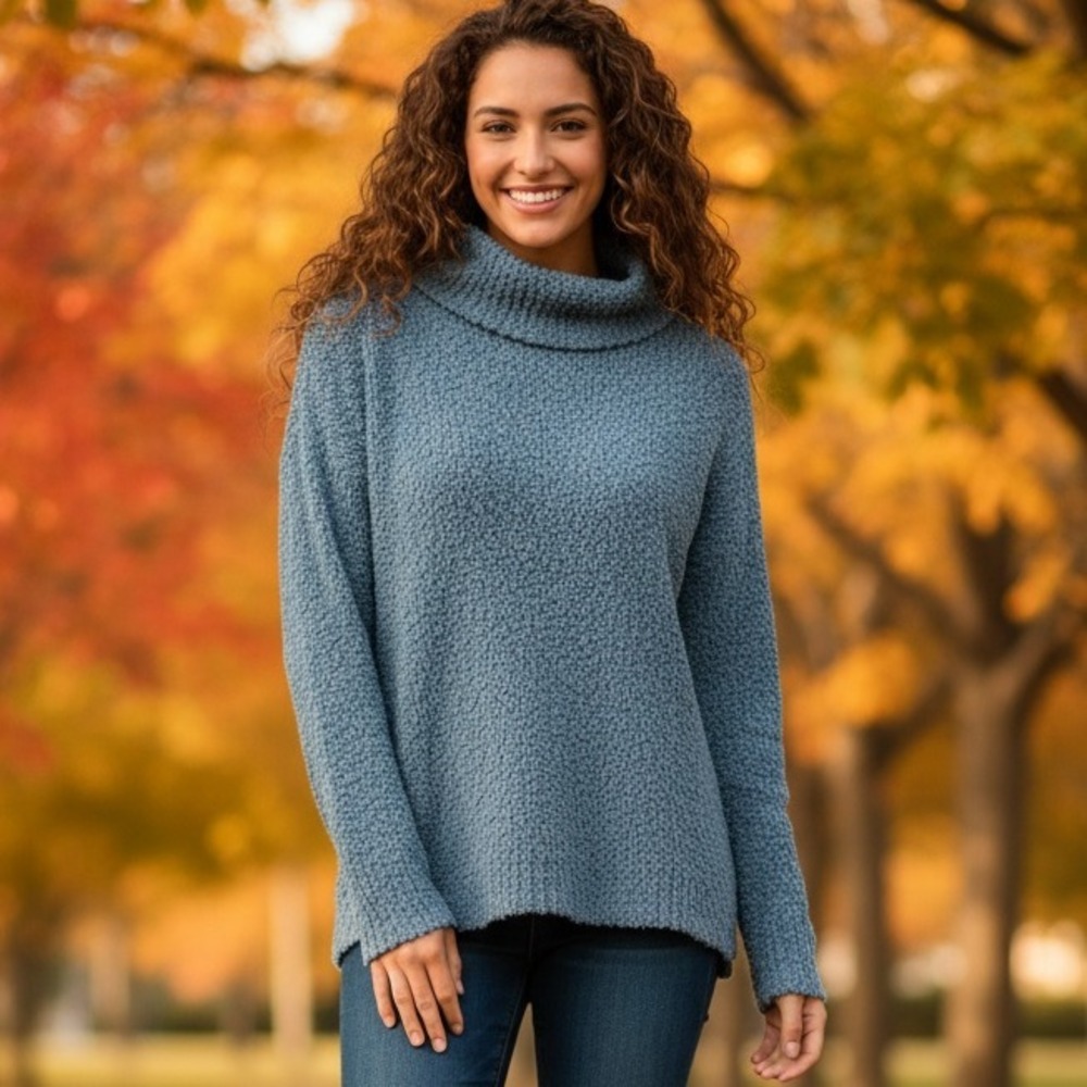 Wallapher Women's Blue Textured Turtleneck Sweater XXL